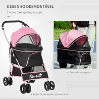 PawHut Carrinho para Animais de Estimação 3 em 1 Dobrável com Bolsa de Transporte Cesta de Armazenamento e Travão 82x49,5x98 cm Rosa(m-5)