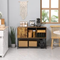 HOMCOM Sideboard im Industrie-Design, 5 Regale, 1 Schrank, Buffet; 112 cm x 40 cm x 85 cm, Schwarz + Braun(m-8)