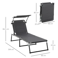 Outsunny Gartenliege Alu Sonnenliege mit Dach Stoffliege Relaxliege 5-fach verstellbar faltbar ergonomisch Texteline Dunkelgrau 164 x 66 x 84,5 cm(m-3)