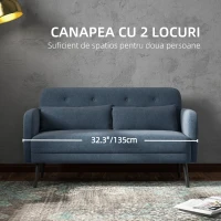 HOMCOM Canapea de 135cm pentru Dormitor, Mobilier Modern pentru Canapele cu Plus, Canapea Capitonata cu 2 Locuri cu Perne Decorative, Cadru din Lemn Masiv, Albastru Inchis(m-4)