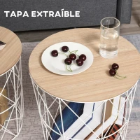 HOMCOM Juego de 2 Mesas Auxiliares de Salón con Tapa de Madera Extraíble y Estructura de Metal Ø40x45 cm y Ø35x40 cm Blanco(m-5)