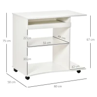 HOMCOM Computertisch mit Rollen Regal mobiler Schreibtisch Bürotisch PC Tisch moderner einfacher Stil Spanplatte Weiß 80 x 50 x 75 cm(m-3)