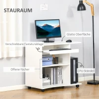 HOMCOM Computertisch mit Rollen Regal mobiler Schreibtisch Bürotisch PC Tisch moderner einfacher Stil Spanplatte Weiß 80 x 50 x 75 cm(m-4)