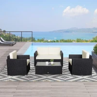Outsunny Set pentru gradina 4 Piese din Rattan si Otel, Crem(m-2)
