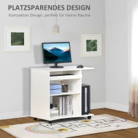 HOMCOM Computertisch mit Rollen Regal mobiler Schreibtisch Bürotisch PC Tisch moderner einfacher Stil Spanplatte Weiß 80 x 50 x 75 cm(m-6)