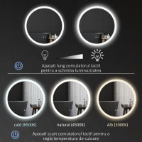 Kleankin Oglindă de baie LED rotundă, 70x70cm, cu dezaburire, funcție memorie și 3 temperaturi de lumină reglabilă(m-5)