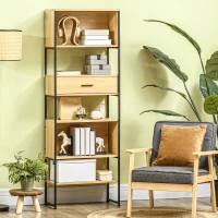 HOMCOM Estantería Estilo Industrial Estantería Librería con Cajón 2 Compartimentos Estantes y Marco de Metal 60x30x173 cm Roble(m-2)