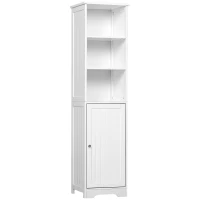 kleankin Armario Alto de Baño de 5 Niveles Columna Auxiliar de Baño con 3 Estantes 1 Puerta y Balda Ajustable 40x38x160 cm Blanco(m-10)