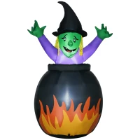 HOMCOM Halloween-Dekoration, Hexe im Hexenkessel, selbstaufblasbar, interne LED-Beleuchtung, 1,15 x 0,95 x 1,75m(m-1)