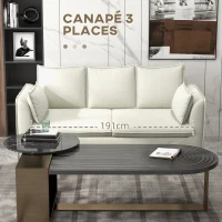 HOMCOM Canapé 3 places design épuré moderne housse amovible et coussins 191 x 76 x 88 cm pieds acier revêtement tissu blanc(m-4)