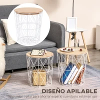 HOMCOM Juego de 2 Mesas Auxiliares de Salón con Tapa de Madera Extraíble y Estructura de Metal Ø40x45 cm y Ø35x40 cm Blanco(m-6)