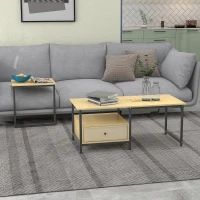 Set 2 piese HOMCOM cu masuta de cafea si masa laterala in forma de C din otel si PA, culoarea lemnului(m-2)