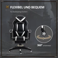 Vinsetto Gaming-Stuhl Bürostuhl Drehstuhl Chefsessel mit Fußstütze Rückenlehne Kissen verstellbar Kunstleder Weiß+Schwarz 65x64x114-123,5 cm(m-6)