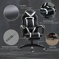 Vinsetto Gaming-Stuhl Bürostuhl Drehstuhl Chefsessel mit Fußstütze Rückenlehne Kissen verstellbar Kunstleder Weiß+Schwarz 65x64x114-123,5 cm(m-7)