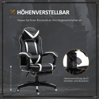 Vinsetto Gaming-Stuhl Bürostuhl Drehstuhl Chefsessel mit Fußstütze Rückenlehne Kissen verstellbar Kunstleder Weiß+Schwarz 65x64x114-123,5 cm(m-4)