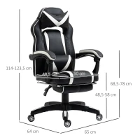 Vinsetto Gaming-Stuhl Bürostuhl Drehstuhl Chefsessel mit Fußstütze Rückenlehne Kissen verstellbar Kunstleder Weiß+Schwarz 65x64x114-123,5 cm(m-3)