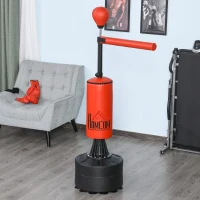 HOMCOM Sac de frappe sur pieds punching ball brunier 3 en 1 avec ballon de vitesse bras flexible rotatif hauteur réglable revêtement synthétique base HDPE dim. 88L x 48l x 155-205H cm noir rouge(m-2)