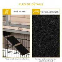 PawHut Clapier à lapin cage à lapin 2 étages clapier lapin nain avec 3 portes verrouillables plateau coulissant rampe et toit ouvrant bois de sapin gris noir(m-7)