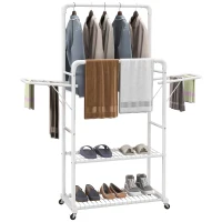 HOMCOM Charriot de Roupa com Rodas com 2 Laterais Dobáveis 2 Trilhos e 2 Prateleiras de Armazenamento 153x43,7x171 cm Branco(m-10)