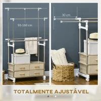 HOMCOM Charriot de Roupa com Rodas Altura Ajustável Barras Extensíveis e 4 Gavetas de Tecido  88-148x42x93-160 cm Bege(m-4)