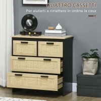 HOMCOM Cassettiera 4 Cassetti in Truciolato e Rattan per Soggiorno e Camera da Letto, 80x38x80 cm(m-4)