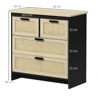 HOMCOM Cassettiera 4 Cassetti in Truciolato e Rattan per Soggiorno e Camera da Letto, 80x38x80 cm(m-3)