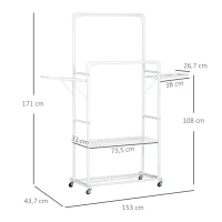 HOMCOM Charriot de Roupa com Rodas com 2 Laterais Dobáveis 2 Trilhos e 2 Prateleiras de Armazenamento 153x43,7x171 cm Branco(m-3)