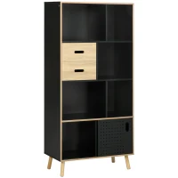 HOMCOM Biblioteca Moderna din MDF si PAL cu 2 Sertare si 7 Rafturi Deschise, 80x40x165 cm, Negru si Lemn natur(m-1)