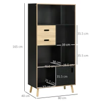 HOMCOM Biblioteca Moderna din MDF si PAL cu 2 Sertare si 7 Rafturi Deschise, 80x40x165 cm, Negru si Lemn natur(m-3)