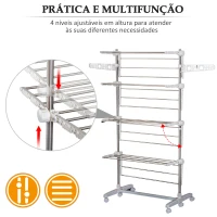 HOMCOM Estendal de Roupa Dobrável 80x55x172cm com 6 Rodas e 4 Prateleiras com Altura Ajustável de Aço Inoxidável Prateado(m-7)