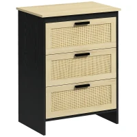HOMCOM Comoda cu 3 Sertare din PAL si Ratan pentru Sufragerie si Dormitor, 60x40x80 cm, Negru si Lemn Natur(m-1)