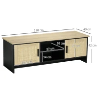 HOMCOM Dulap Suport TV Pana la 60" cu 2 Dulapioare si Rafturi Deschise, Mobilier de Sufragerie Stil Boho cu Insertii de Ratan, 120x40x42 cm(m-3)