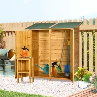 Outsunny Magazie de Gradina din Lemn cu 2 Usi cu Taburet Inalt cu 2 Rafturi si Acoperis Hidrofug, 140x75x157 cm(m-2)