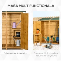 Outsunny Magazie de Gradina din Lemn cu 2 Usi cu Taburet Inalt cu 2 Rafturi si Acoperis Hidrofug, 140x75x157 cm(m-4)