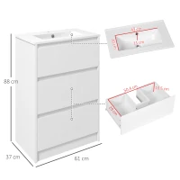 kleankin 600mm Bathroom Vanity Unit with Basin and Single Tap Hole, High Gloss White Floor Standing Bathroom Sink Unit with 2 Drawers(m-3)