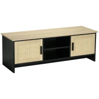 HOMCOM Dulap Suport TV Pana la 60" cu 2 Dulapioare si Rafturi Deschise, Mobilier de Sufragerie Stil Boho cu Insertii de Ratan, 120x40x42 cm(m-1)