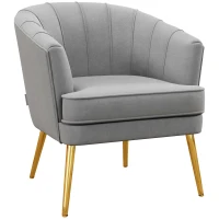 HOMCOM Scaun de Efect din Material Textil, Fotoliu din Catifea, Fotoliu Modern pentru Camera de Zi cu Picioare Metalice Aurii si Captuseala Groasa pentru Dormitor, Gri(m-1)