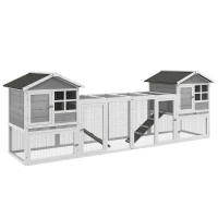 PawHut Adapost din Lemn pentru Iepuri  pentru Exterior cu 2 Custi si Zona Deschisa Imprejmuita cu Usi si Rampe, 259x64x92 cm, Gri(m-1)