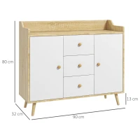 HOMCOM Bufet Modern din PAL si Lemn de di Pin cu 3 Sertare si 2 Dulapioare cu 2 Niveluri, 90x32x80 cm, Alb si Lemn Natur(m-3)