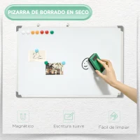HOMCOM Pizarra Blanca Magnética Pizarra de Borrado en Seco con Borrador 4 Rotuladores y 10 Imanes 90x60 cm Blanco(m-4)