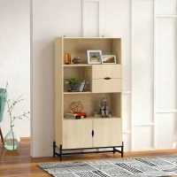 HOMCOM Biblioteca de Perete din MDF si Metal cu 2 Sertare, 2 Dulapioare si 4 Rafturi Deschise, 80x35x155 cm, culoare Lemn natur(m-2)