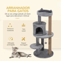 PawHut Árvore Arranhador para Gatos com Plataforma Caverna Postes de Sisal e Bola Suspensa 48x48x104 cm Cinza(m-4)