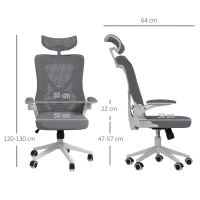 Vinsetto Sedia da Ufficio ad Altezza Regolabile con Supporto Lombare e Braccioli Ribaltabili, 65x64x120-130 cm(m-3)