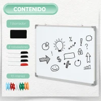 HOMCOM Pizarra Blanca Magnética Pizarra de Borrado en Seco con Borrador 4 Rotuladores y 10 Imanes 90x60 cm Blanco(m-5)