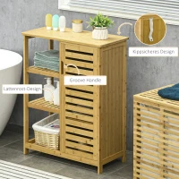 kleankin Badkamerkast van bamboe, met 3 planken en 1 kast met lamellendeuren, natuurlijk.(m-6)