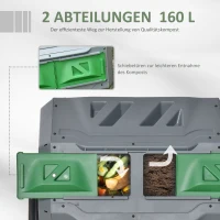 Outsunny Kompostbehälter mit 2 Behältern, 160 L Fassungsvermögen, drehbar, 71 cm x 65 cm x 96 cm, Grau + Grün + Schwarz(m-6)