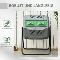 Outsunny Kompostbehälter mit 2 Behältern, 160 L Fassungsvermögen, drehbar, 71 cm x 65 cm x 96 cm, Grau + Grün + Schwarz(m-7)