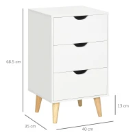 HOMCOM Bedside Table, Bedside Cabinet with 3 Drawers, Small Side Table with Wood Legs and Cut-out Handles for Bedroom, White(m-3)