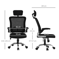 HOMCOM Sedia da Ufficio con Poggiatesta e Altezza Regolabili, Tessuto a Rete e Braccioli Ribaltabili, Nero(m-3)