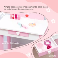 ZONEKIZ Toucador Infantil de Madeira com Banco Espelho e Gaveta Mesa de Maquilhagem para Crianças entre 3-6 Anos 50x36,5x89,5cm Rosa(m-5)